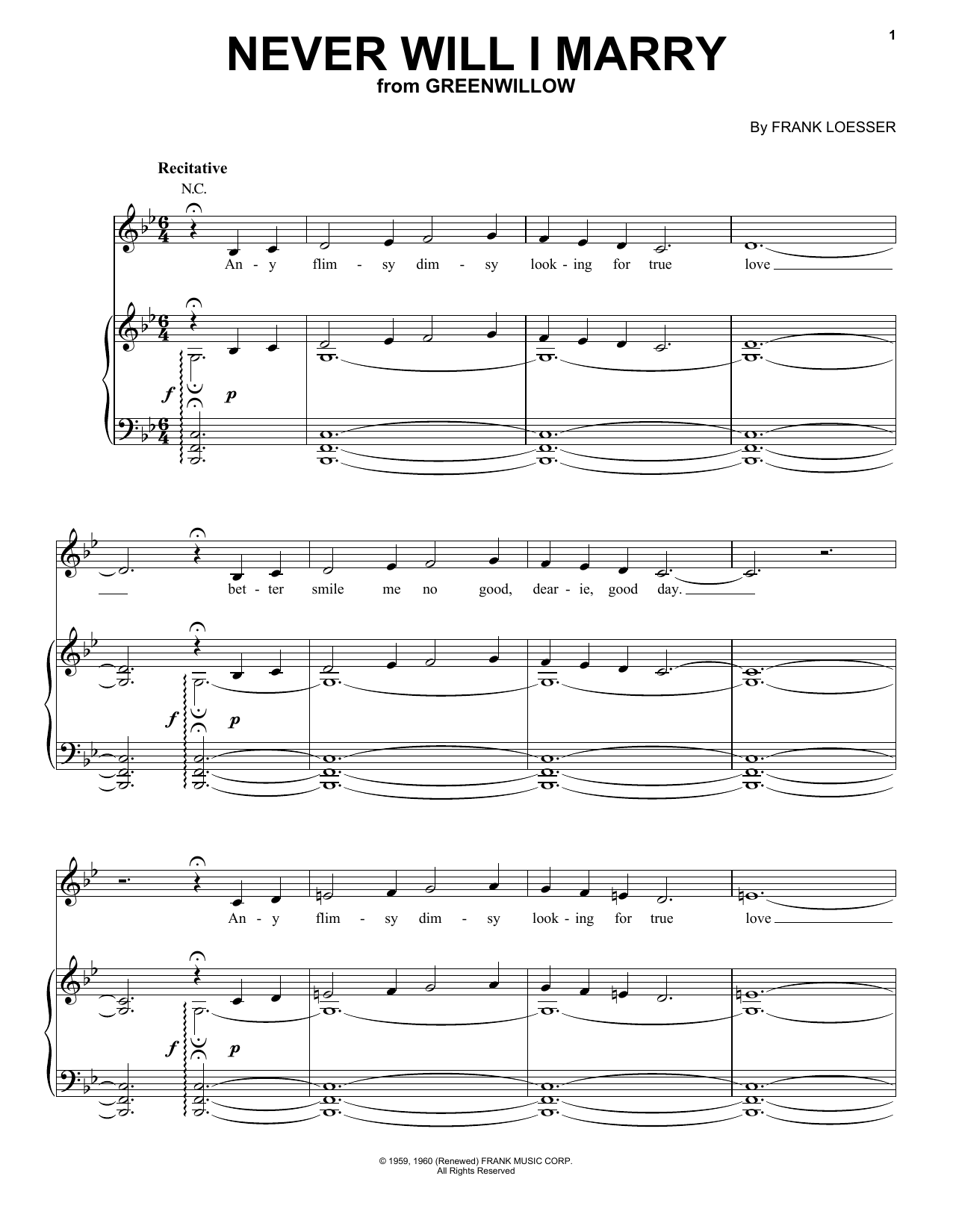 Download Frank Loesser Never Will I Marry (from Greenwillow) Sheet Music