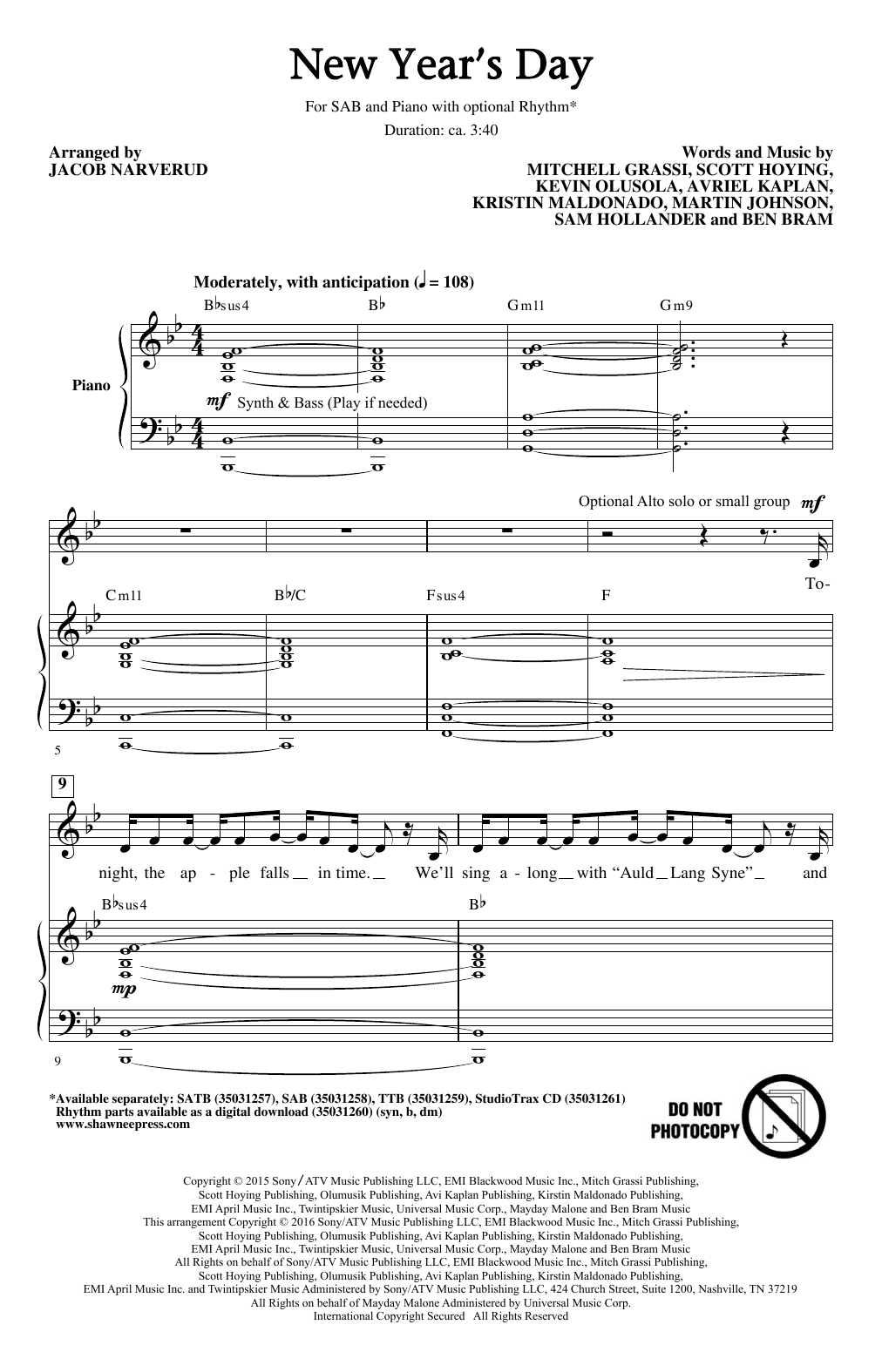 Download Jacob Narverud New Year's Day Sheet Music