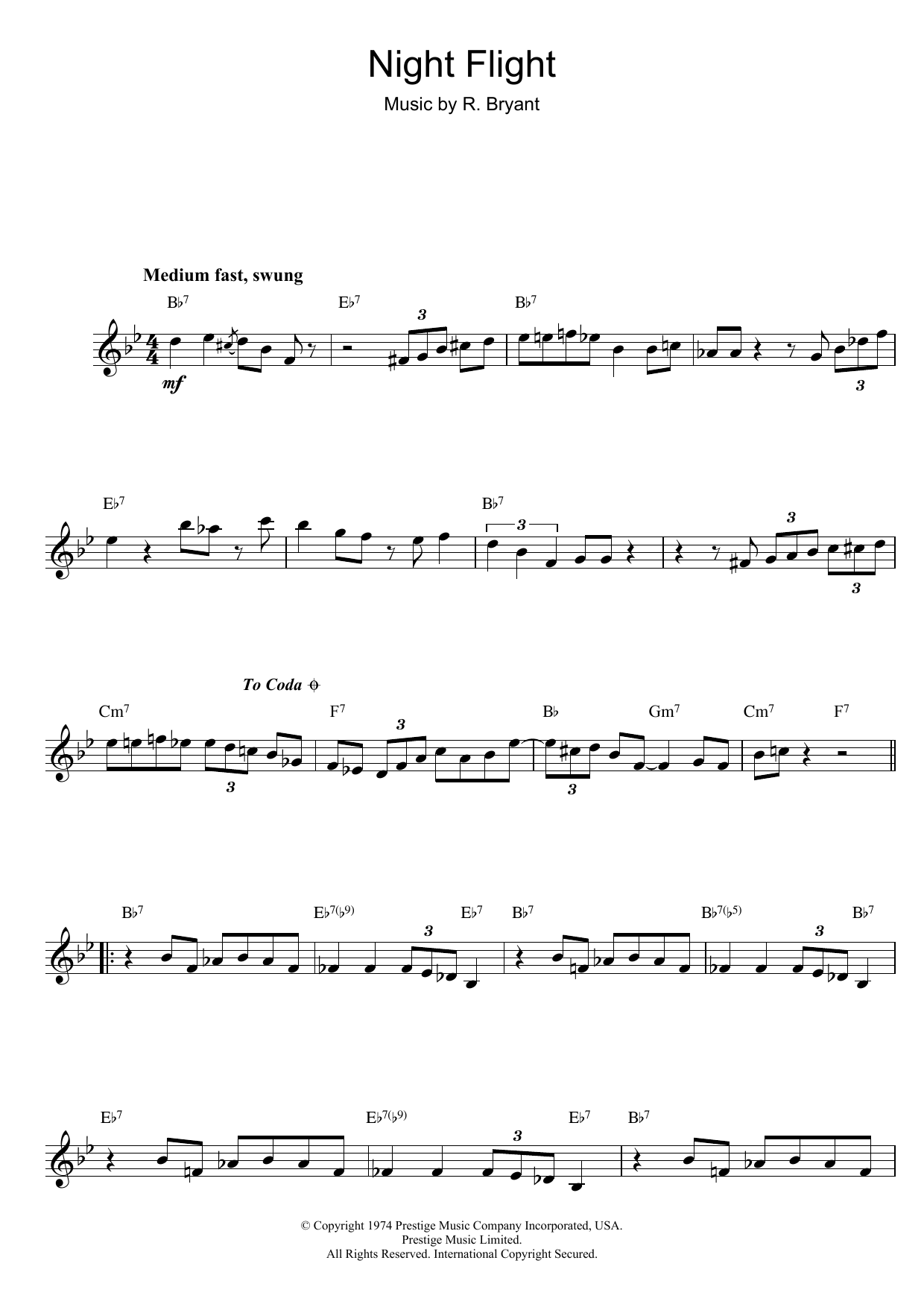 Rusty Bryant Night Flight sheet music notes printable PDF score