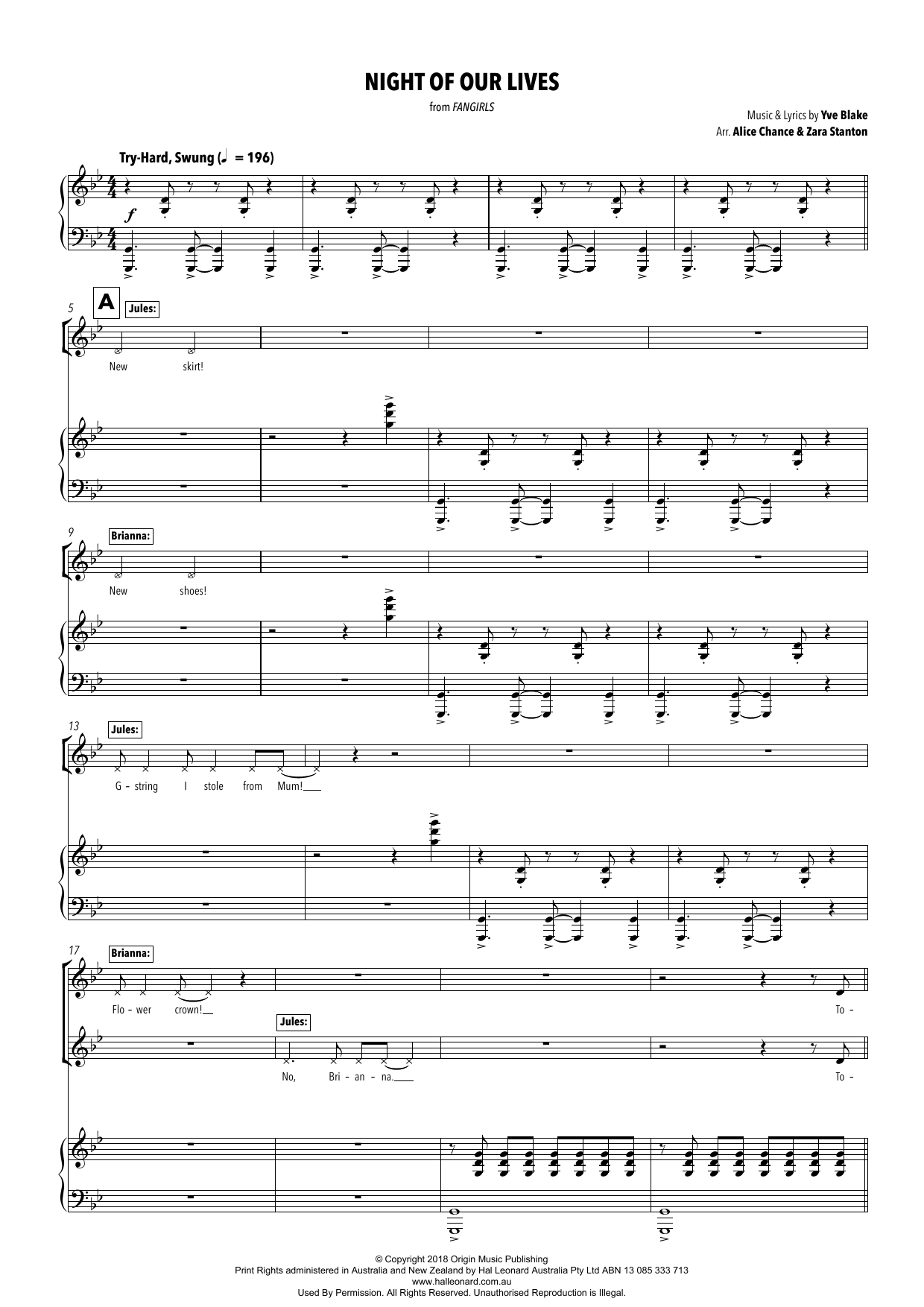 Download Yve Blake Night Of Our Lives (from Fangirls) (arr Sheet Music