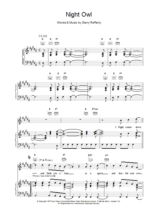 Gerry Rafferty Night Owl sheet music notes printable PDF score