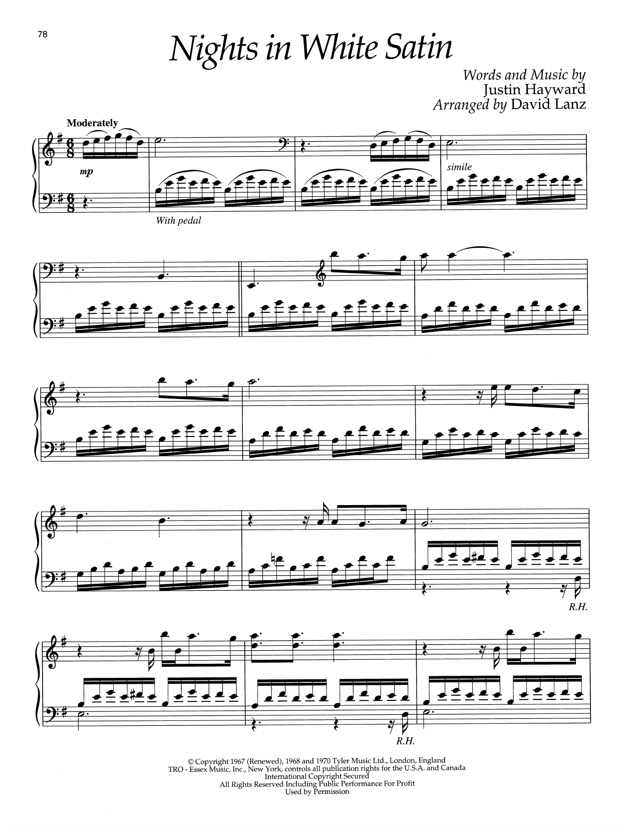Download The Moody Blues Nights In White Satin (arr. David Lanz) Sheet Music