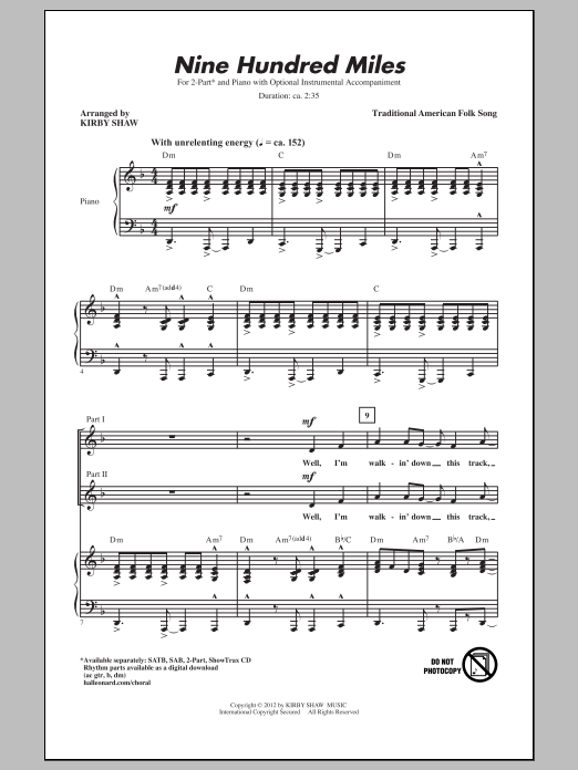Download Traditional Folksong Nine Hundred Miles (arr. Kirby Shaw) Sheet Music