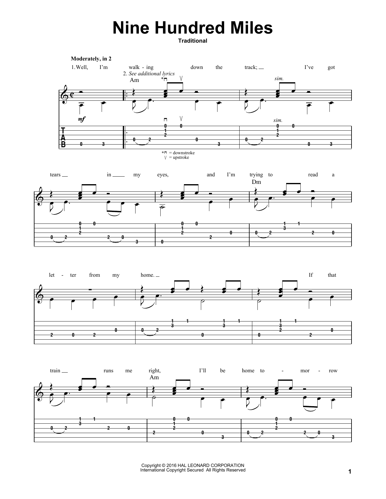 Download Traditional Folksong Nine Hundred Miles Sheet Music