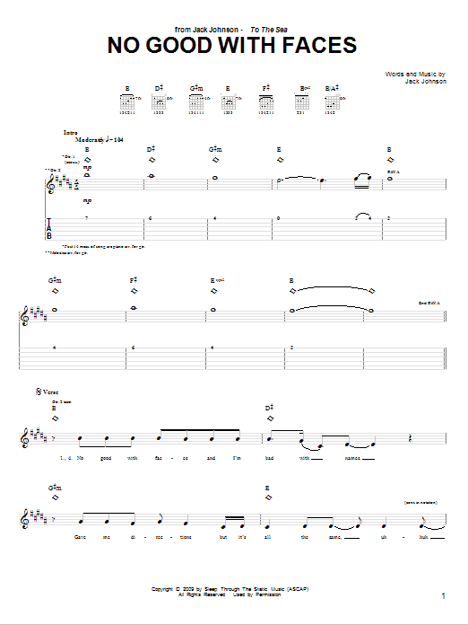 Download Jack Johnson No Good With Faces Sheet Music