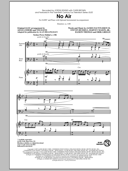 Download Jordin Sparks No Air (from Glee) (adapt. Alan Billing Sheet Music