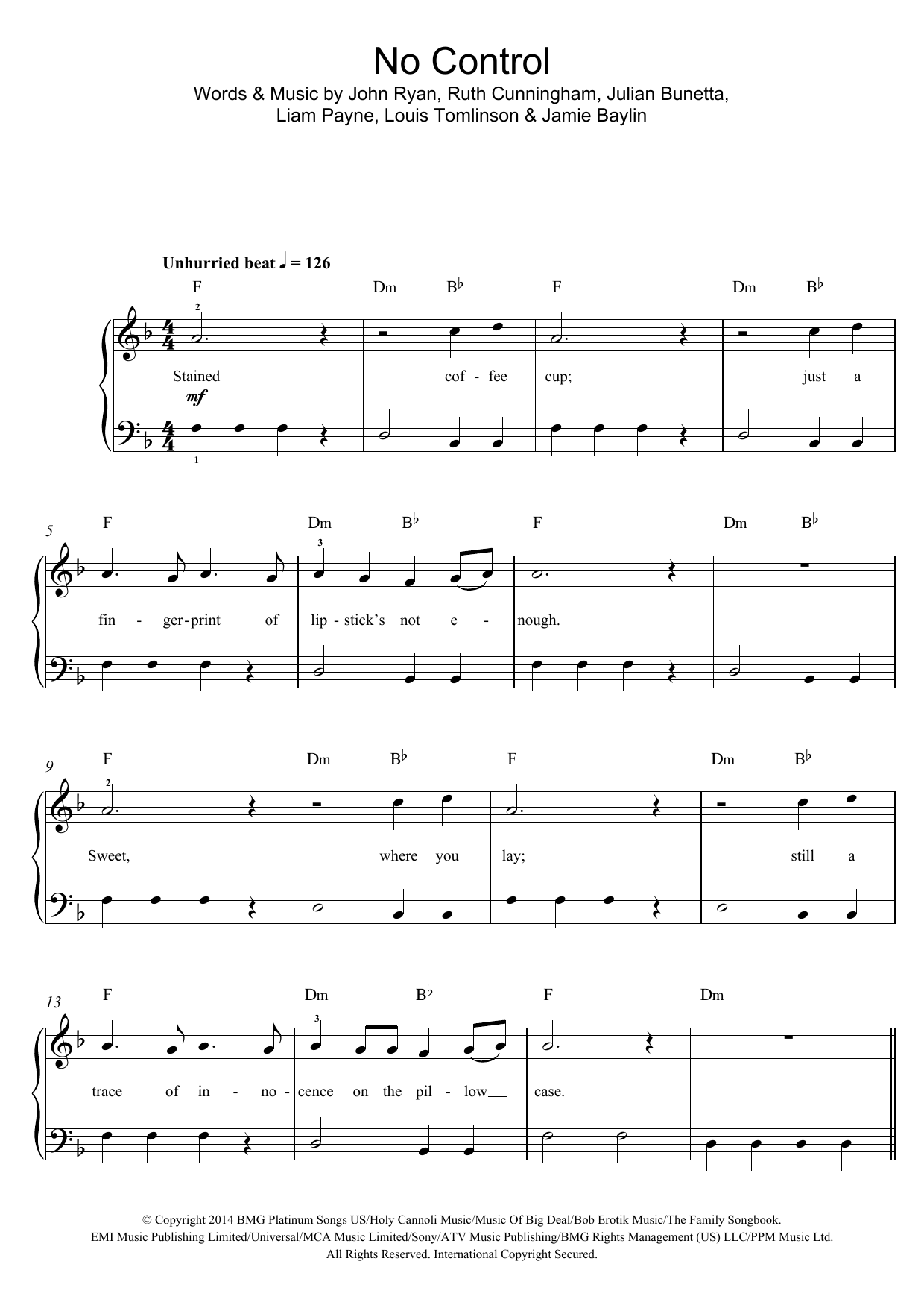 Download One Direction No Control Sheet Music