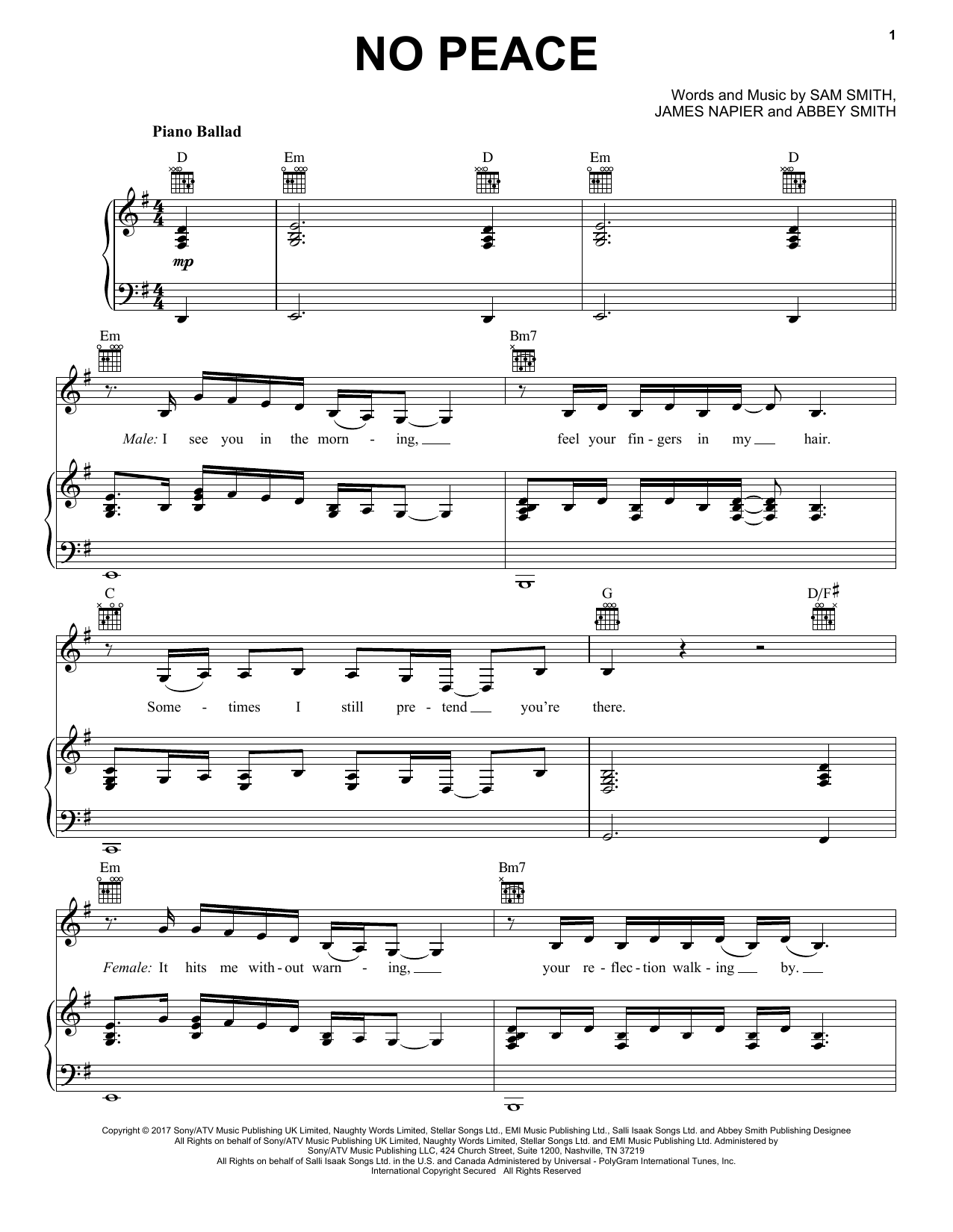 Download Sam Smith No Peace (feat. YEBBA) Sheet Music