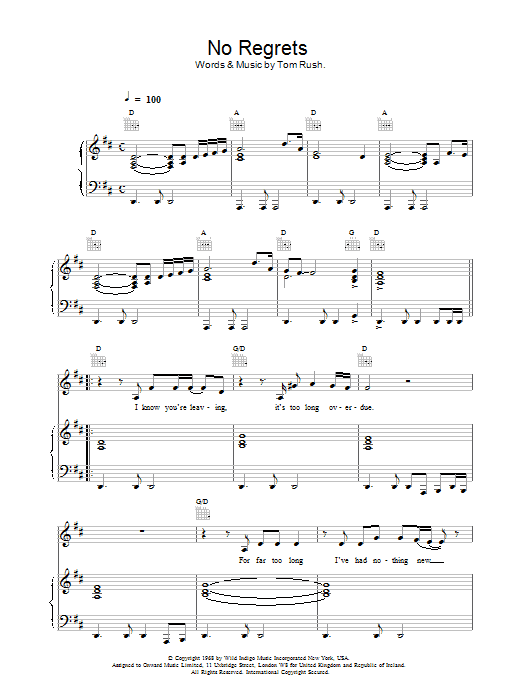 Scott Walker No Regrets sheet music notes printable PDF score
