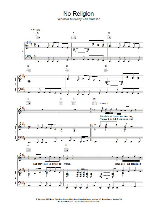 Van Morrison No Religion sheet music notes printable PDF score