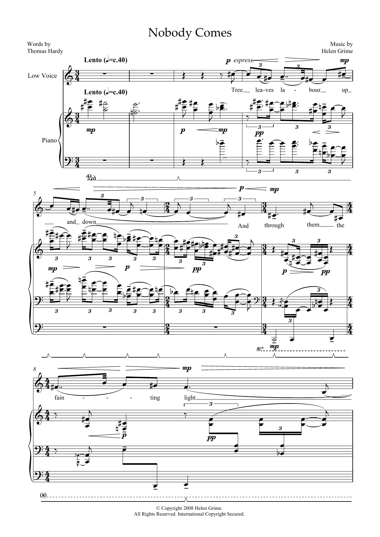 Download Helen Grime Nobody Comes (for low voice & piano) Sheet Music