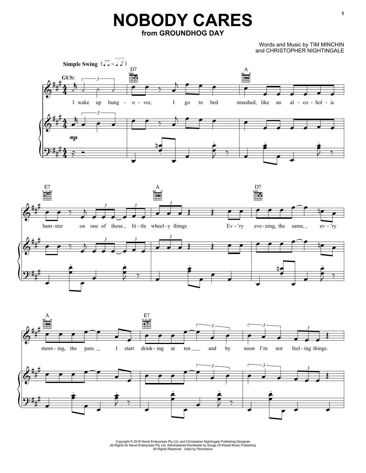 Download Tim Minchin and Christopher Nighting Nobody Cares (from Groundhog Day The Mu Sheet Music