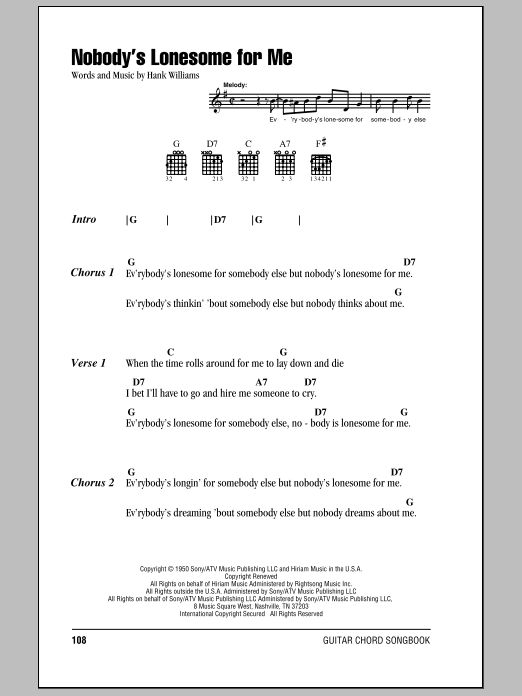 Download Hank Williams Nobody's Lonesome For Me Sheet Music
