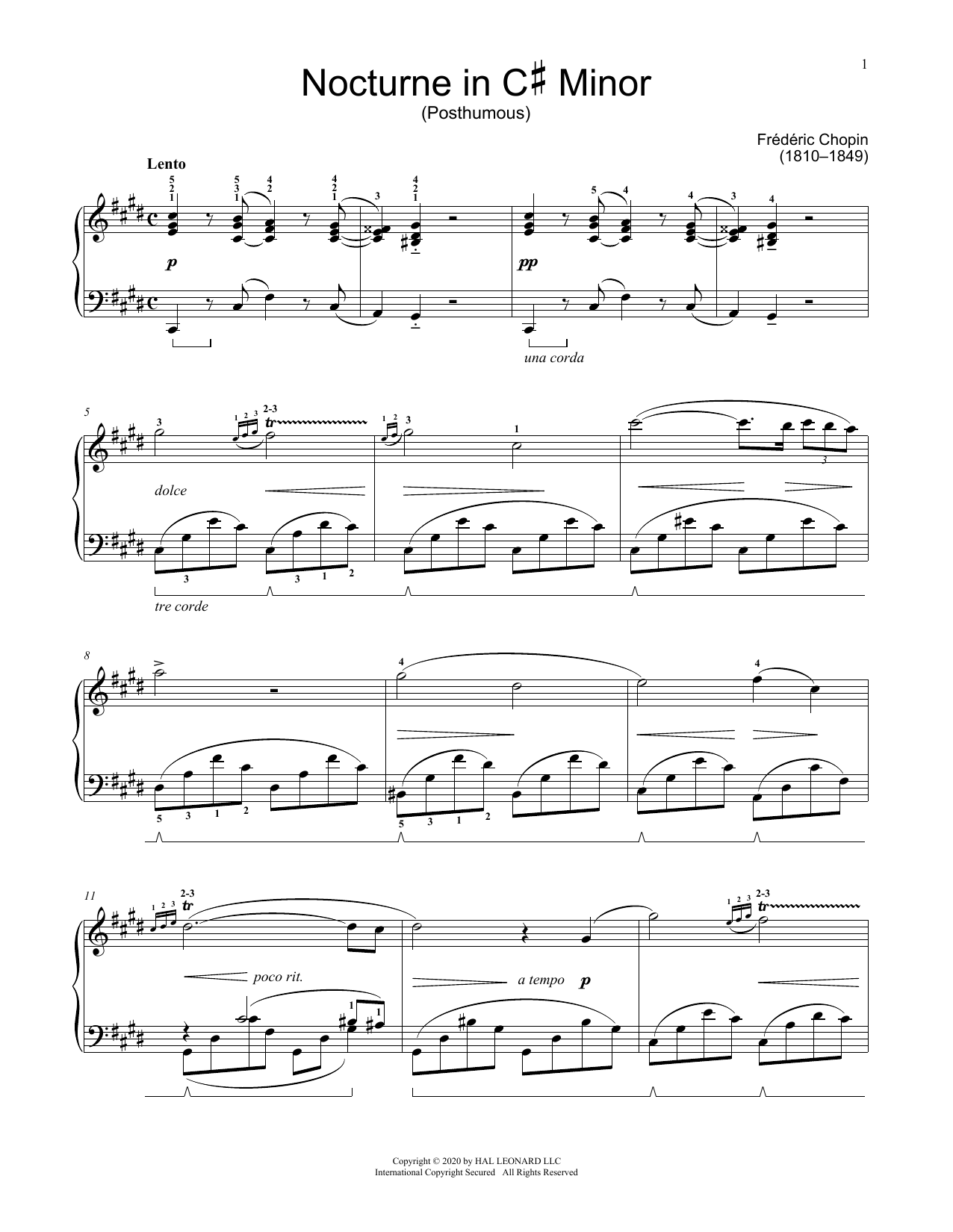 Frederic Chopin Nocturne In C-Sharp Minor, KK. Anh. Ia, No. 6 sheet music notes printable PDF score