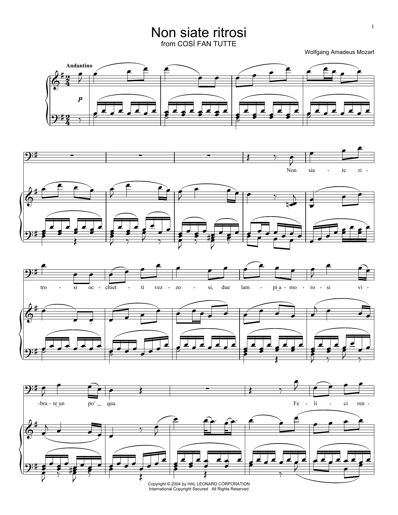 Download Wolfgang Amadeus Mozart Non Siate Ritrosi Sheet Music