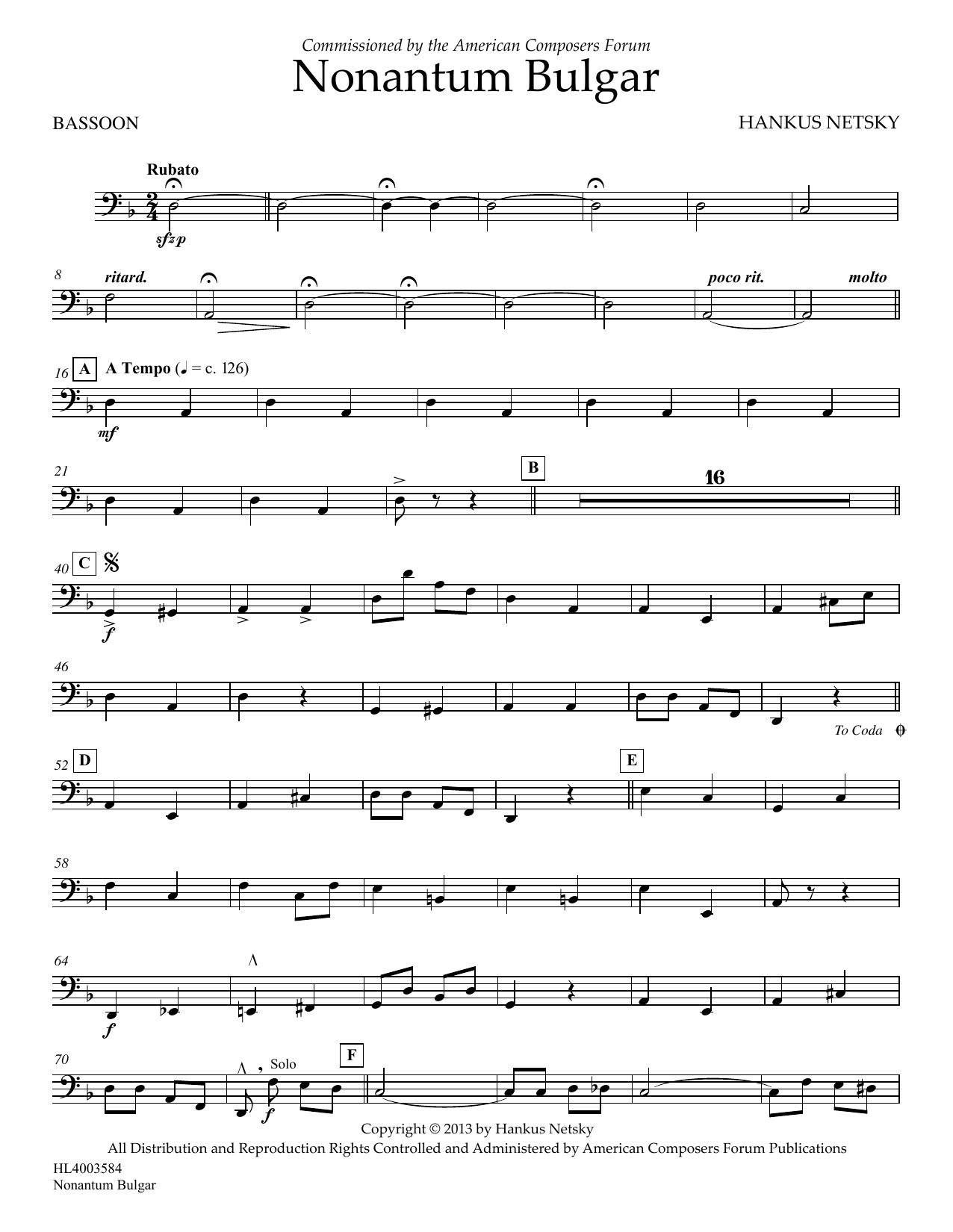 Download Hankus Netsky Nonantum Bulgar - Bassoon Sheet Music
