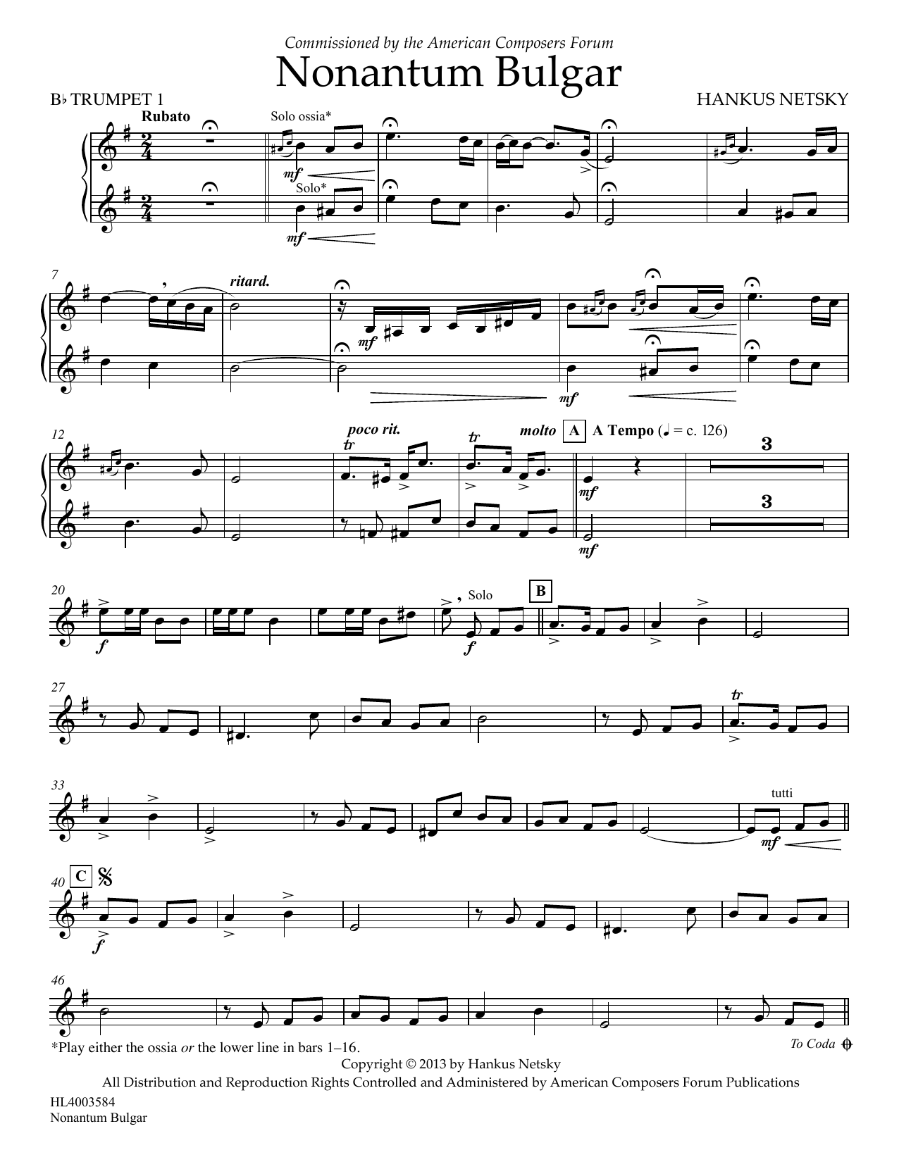 Download Hankus Netsky Nonantum Bulgar - Bb Trumpet 1 Sheet Music