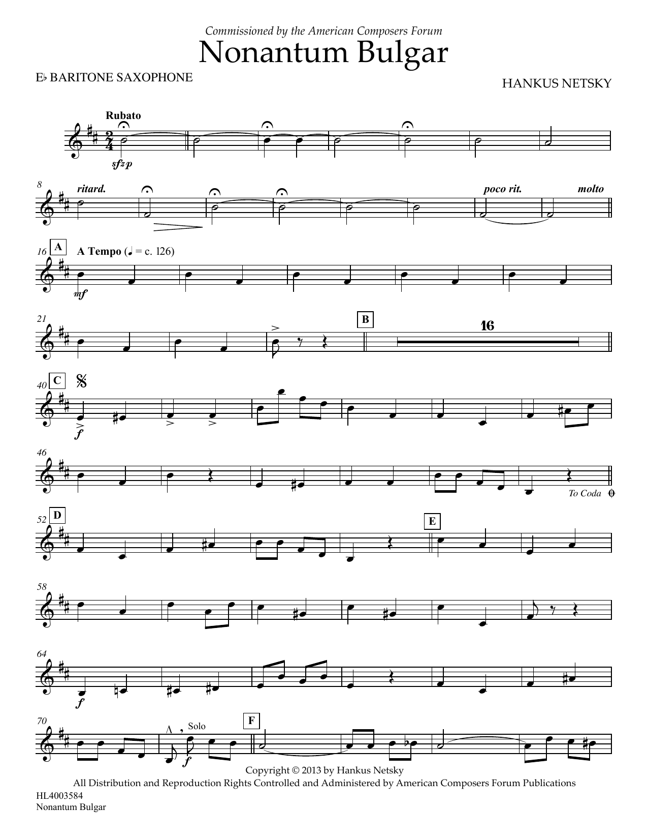 Download Hankus Netsky Nonantum Bulgar - Eb Baritone Saxophone Sheet Music
