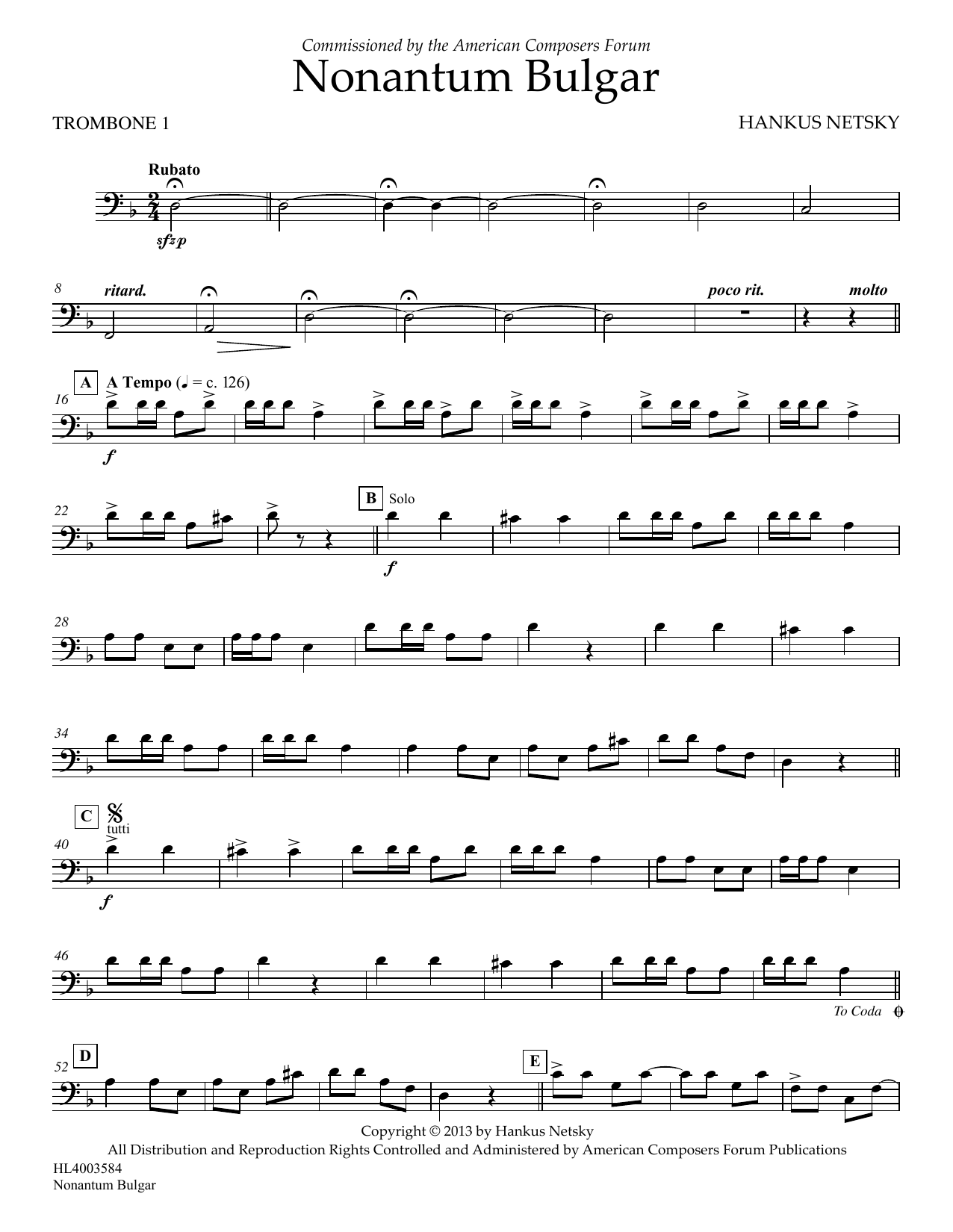 Download Hankus Netsky Nonantum Bulgar - Trombone 1 Sheet Music