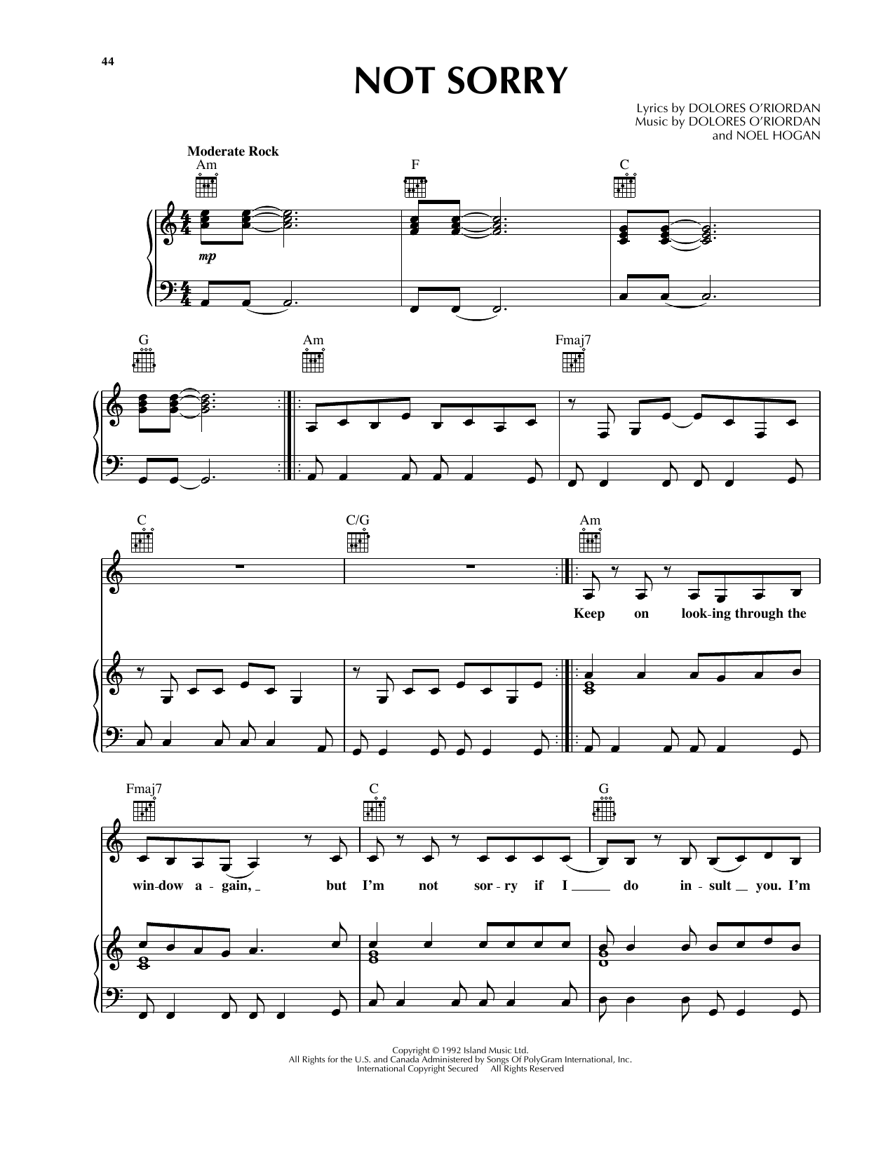 Download The Cranberries Not Sorry Sheet Music