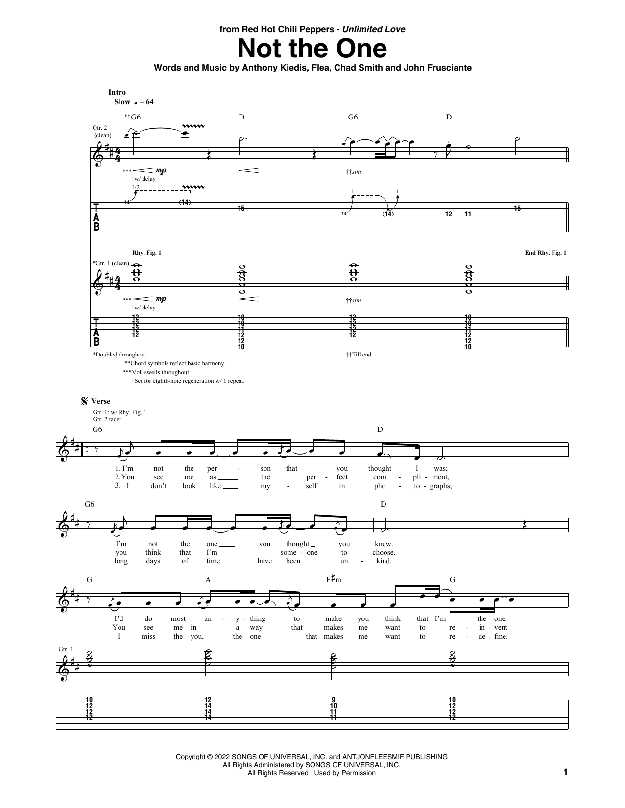 Download Red Hot Chili Peppers Not The One Sheet Music