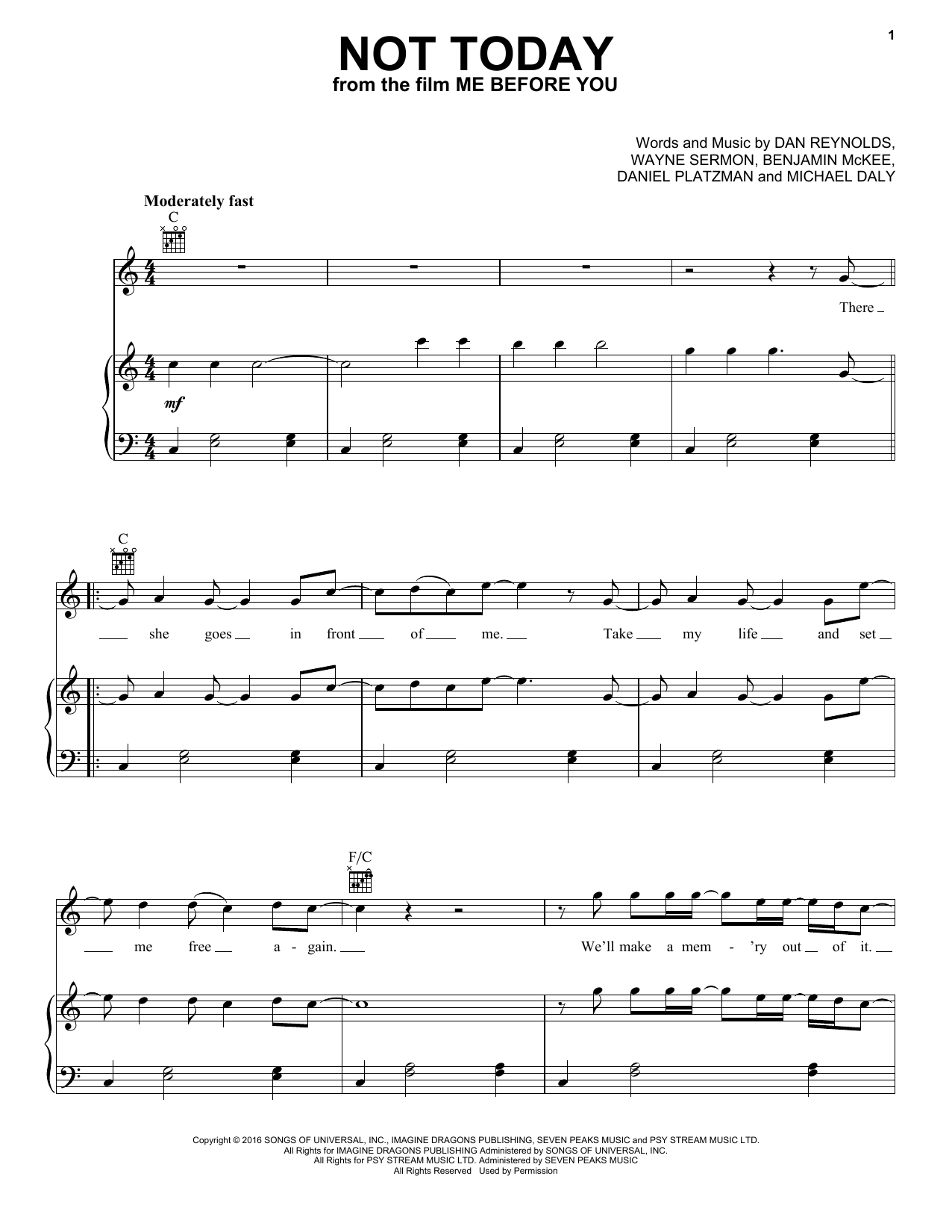 Download Imagine Dragons Not Today (from Me Before You) Sheet Music