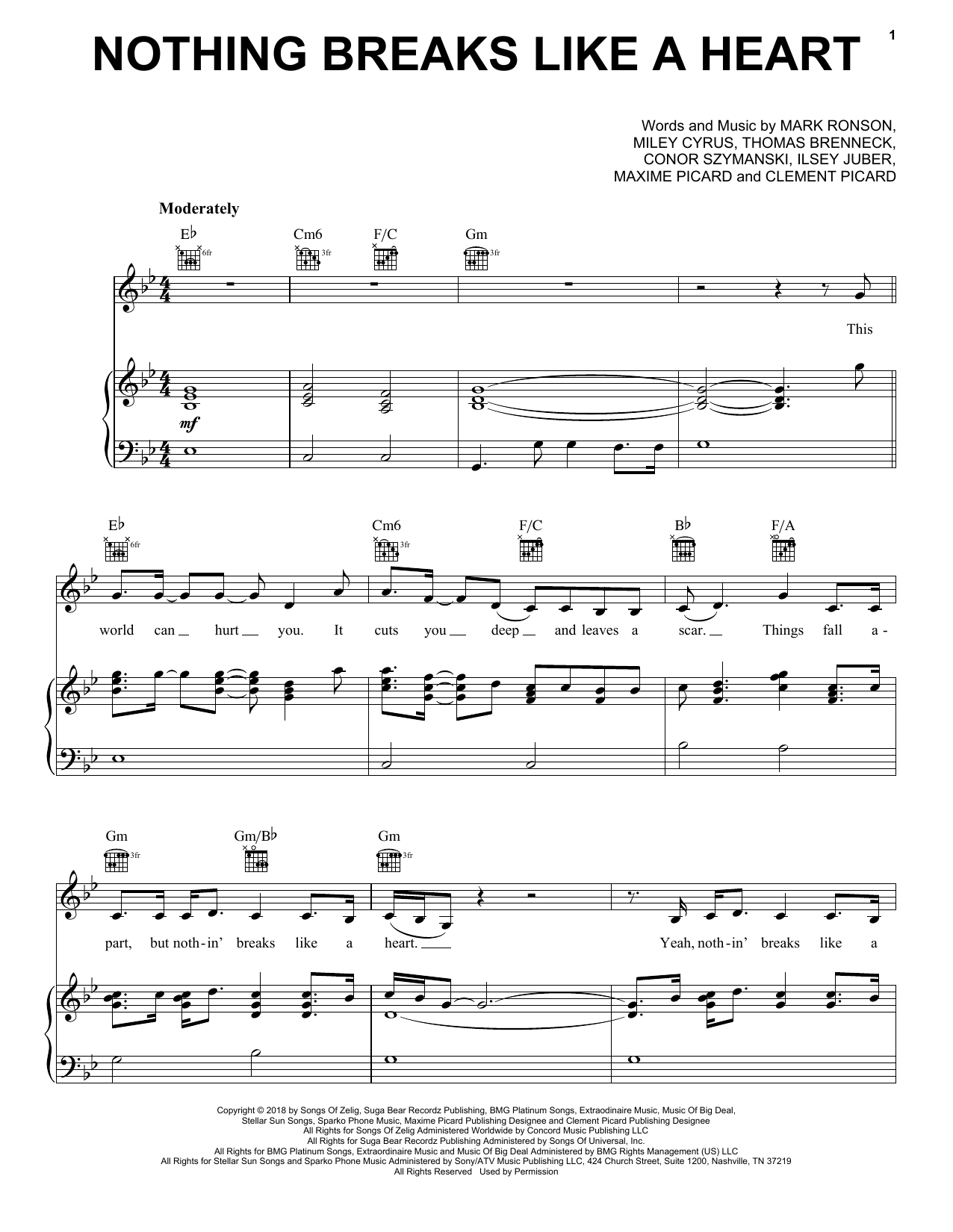 Download Mark Ronson Nothing Breaks Like A Heart (feat. Mile Sheet Music