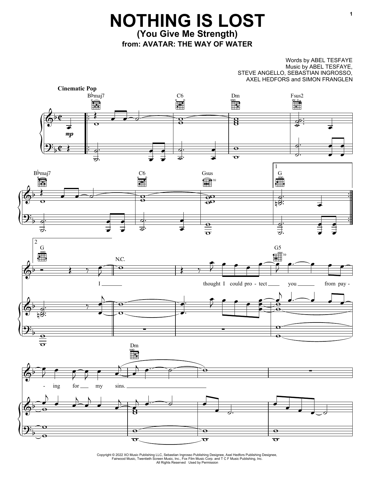 The Weeknd Nothing Is Lost (You Give Me Strength) (from Avatar: The Way Of Water) sheet music notes printable PDF score