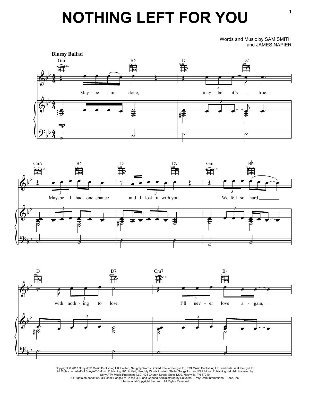 Download Sam Smith Nothing Left For You Sheet Music