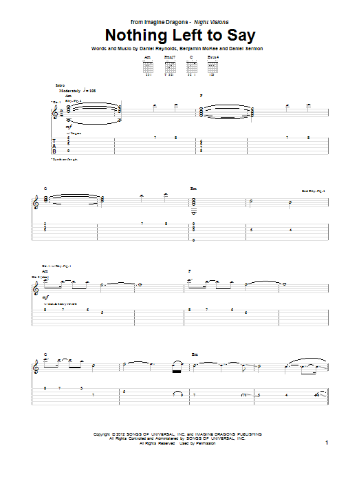 Download Imagine Dragons Nothing Left To Say Sheet Music