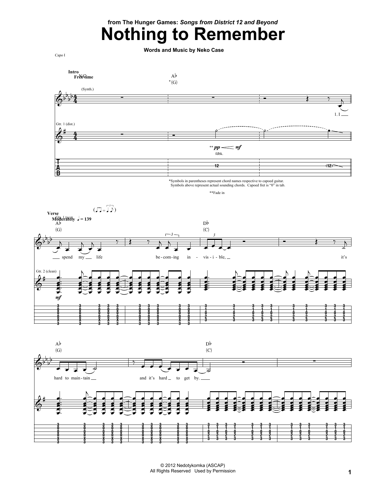 Download Neko Case Nothing To Remember (from The Hunger Ga Sheet Music