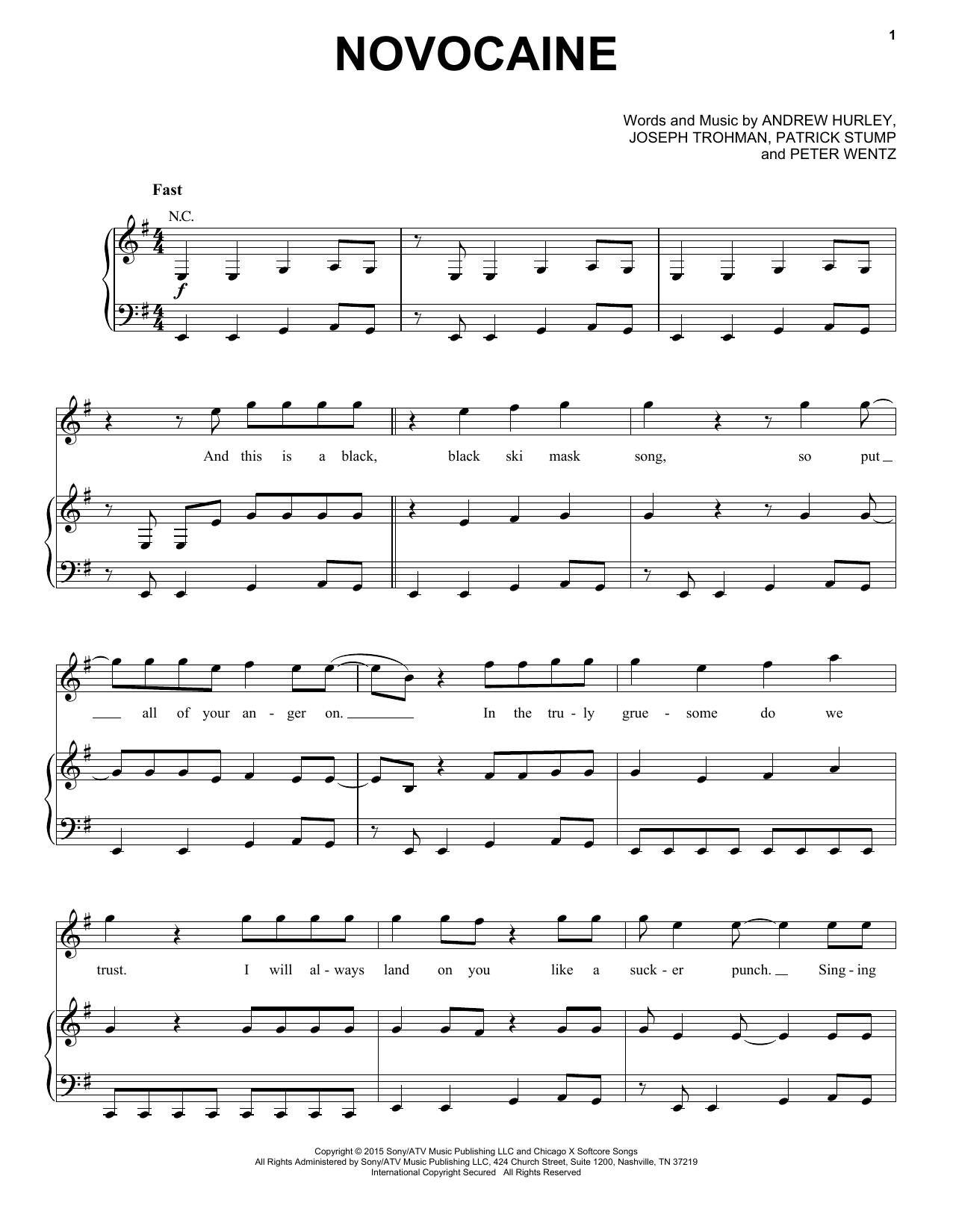 Download Fall Out Boy Novocaine Sheet Music