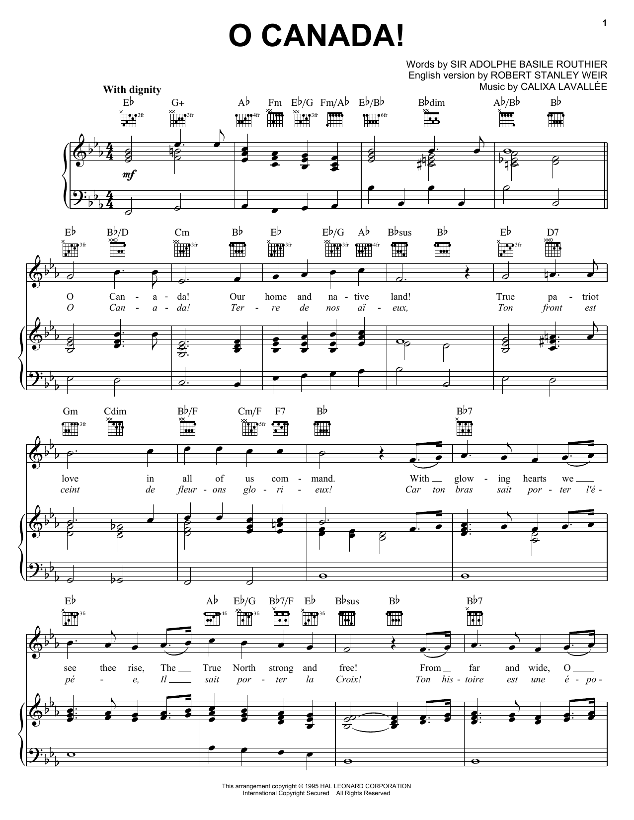 Calixa Lavallee O Canada! sheet music notes printable PDF score