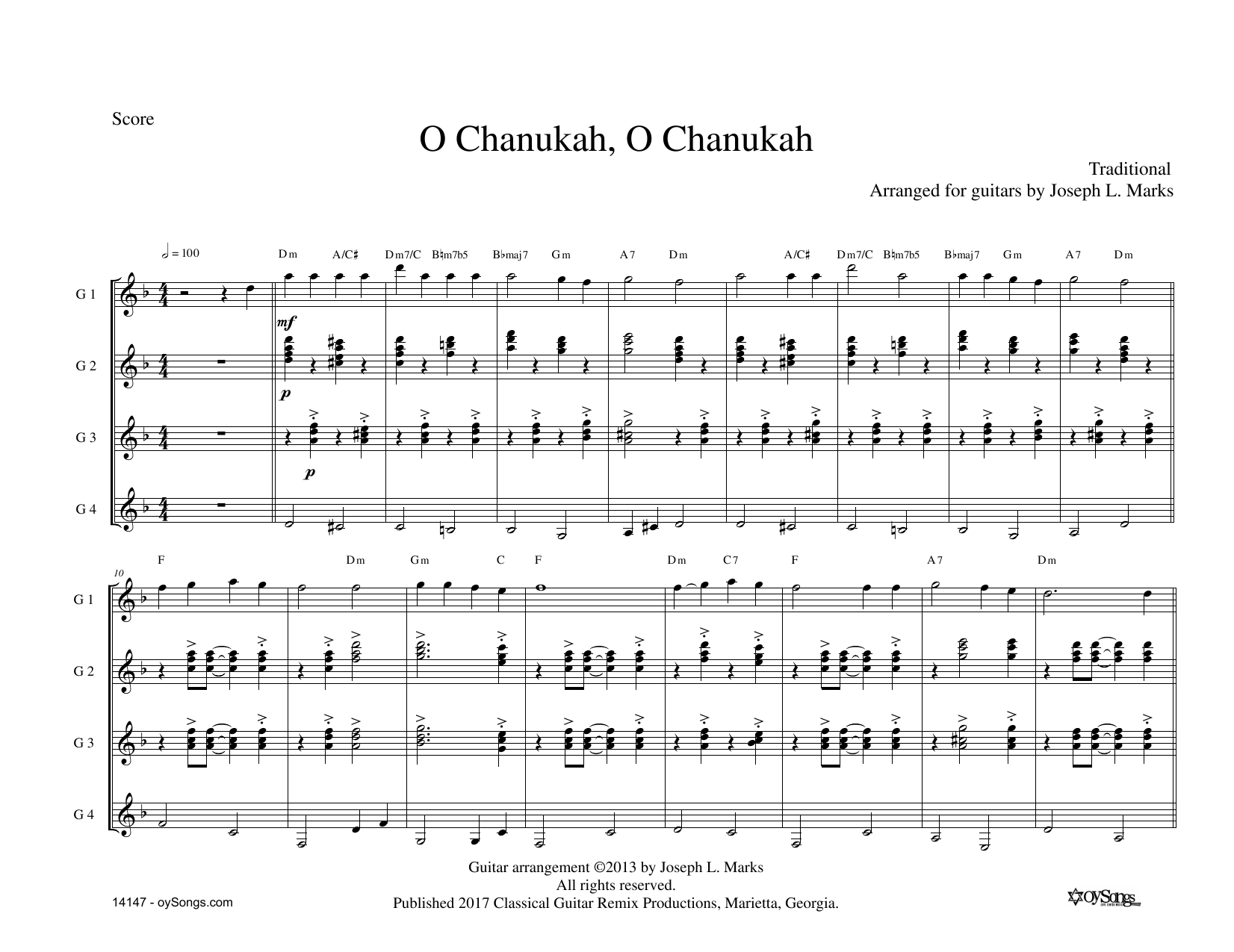 Download Traditional O Chanukah for Guitar Quartet (arr. Joe Sheet Music