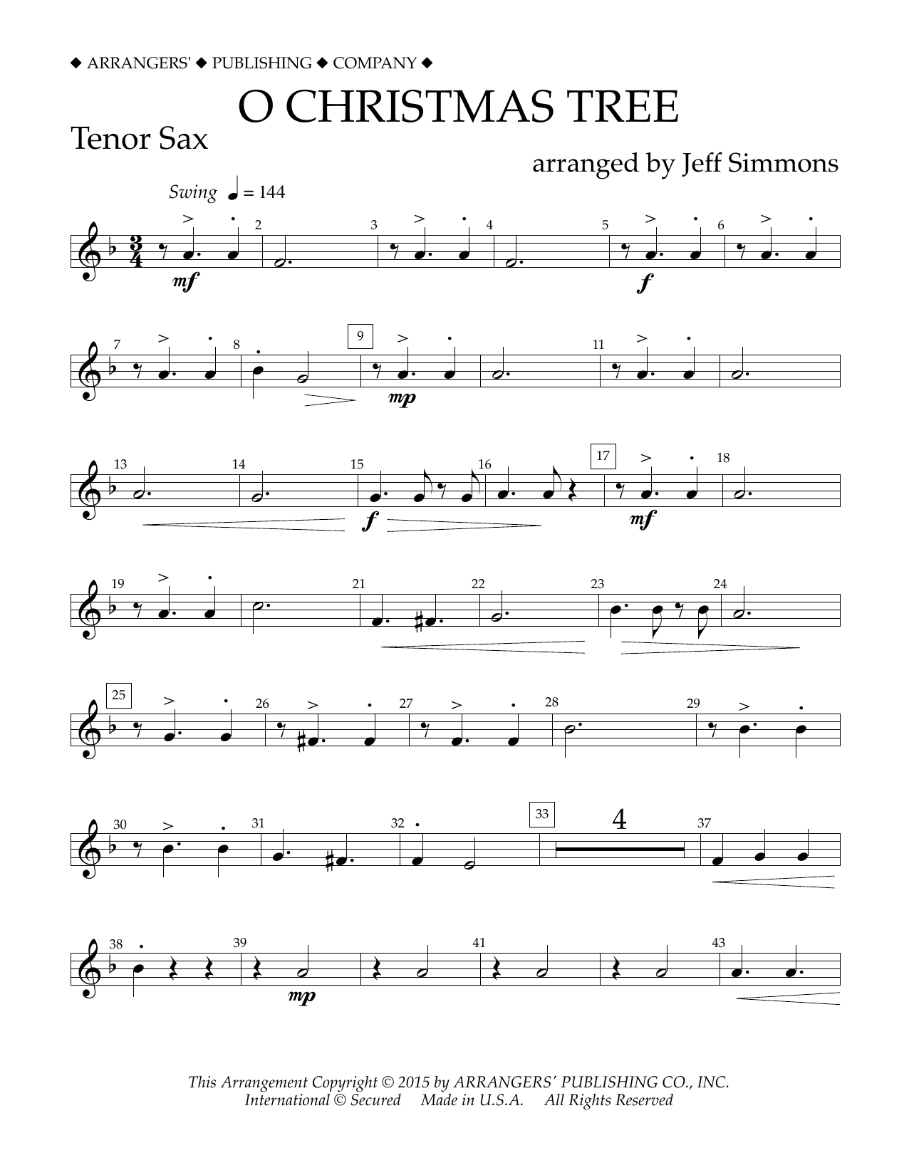 Download Jeff Simmons O Christmas Tree - Bb Tenor Saxophone Sheet Music