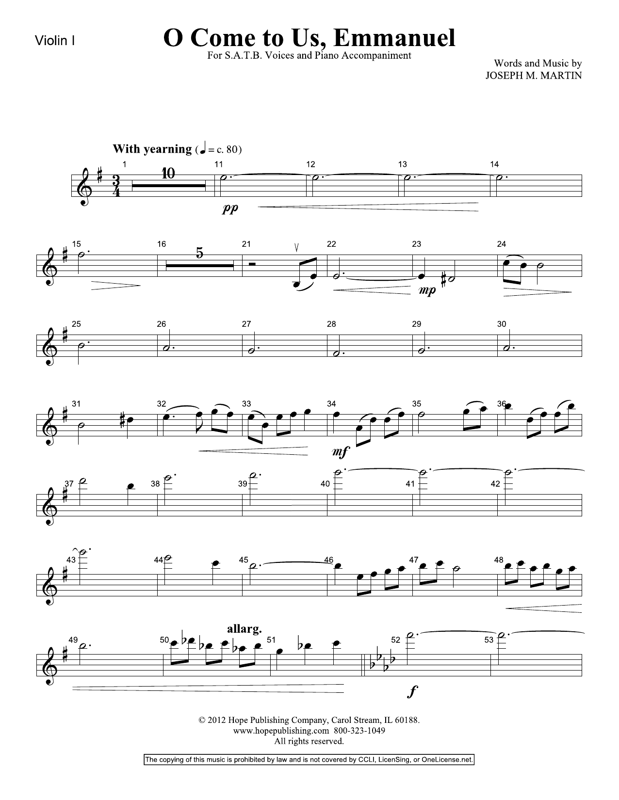 Download Joseph M. Martin O Come To Us, Emmanuel - Violin 1 Sheet Music