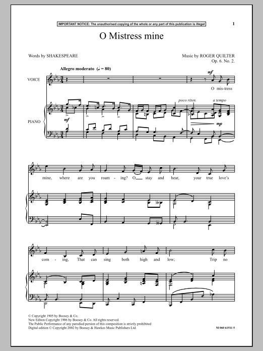 Download Roger Quilter O Mistress Mine Sheet Music