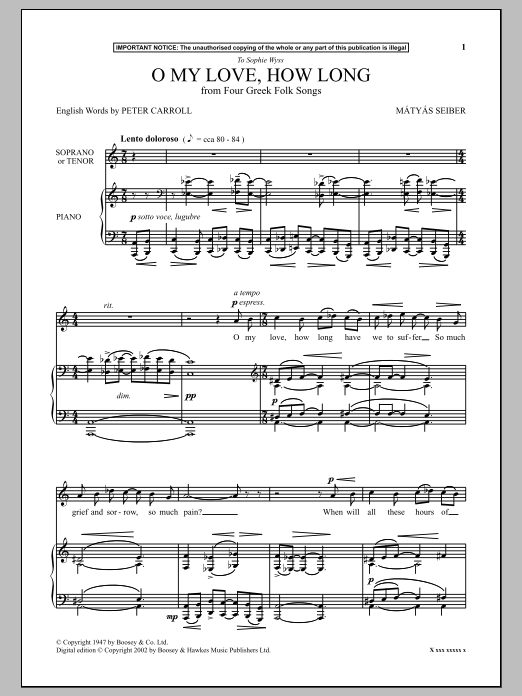 Download Matyas Seiber O My Love, How Long (from Four Greek Fo Sheet Music