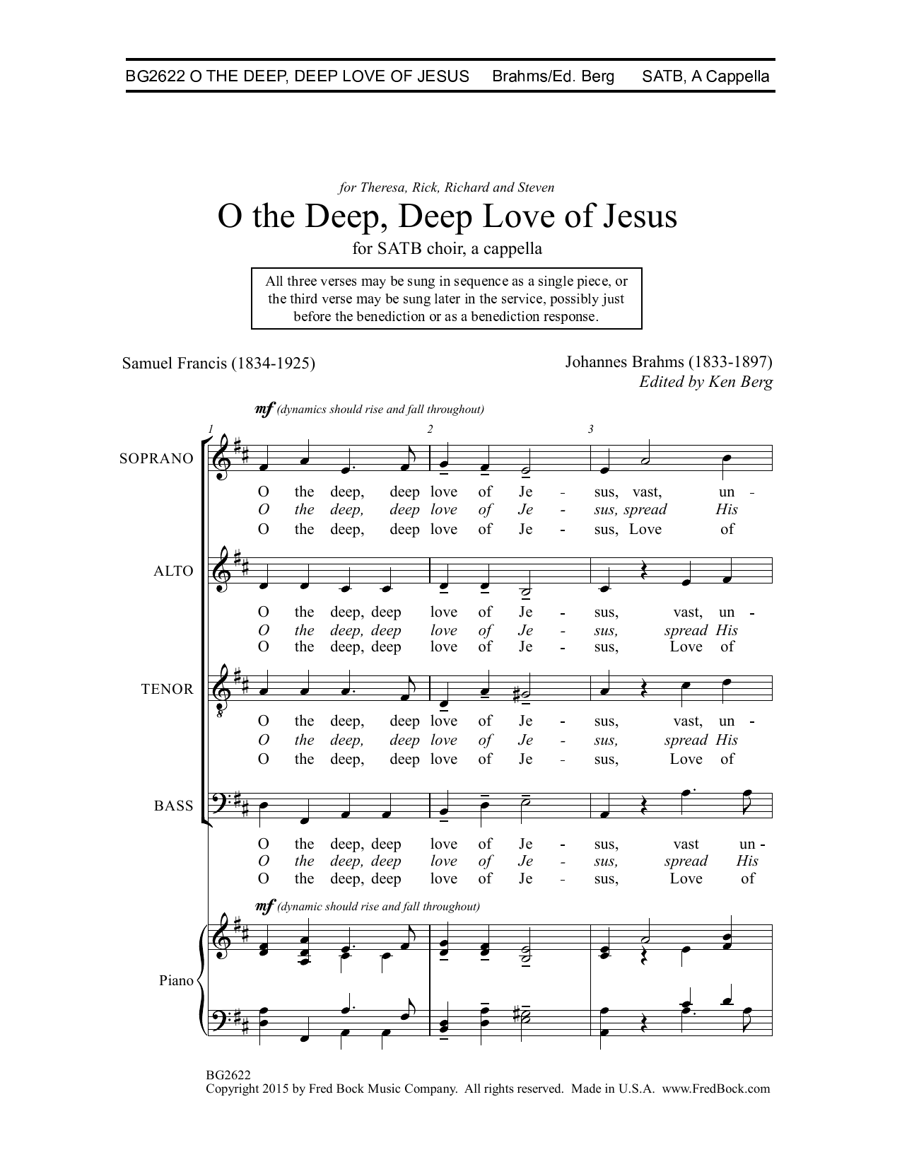 Download Johannes Brahms O The Deep, Deep Love Of Jesus (ed. Ken Sheet Music
