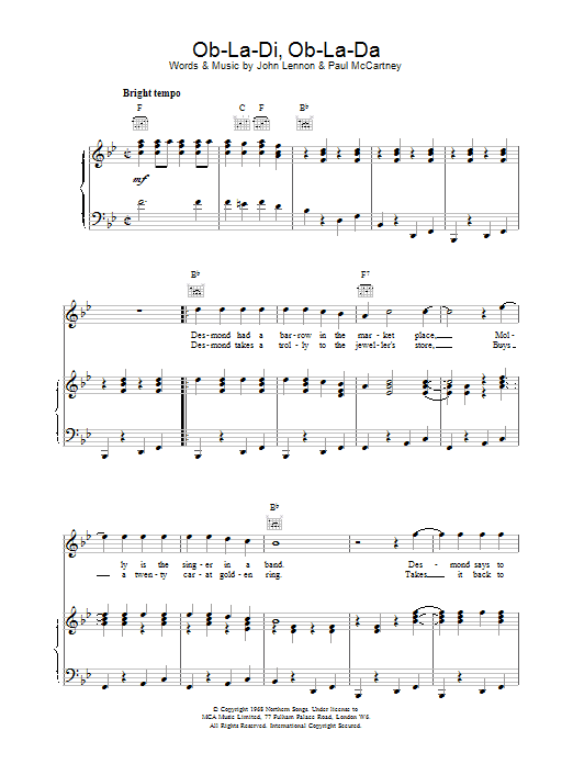The Beatles Ob-La-Di, Ob-La-Da sheet music notes printable PDF score
