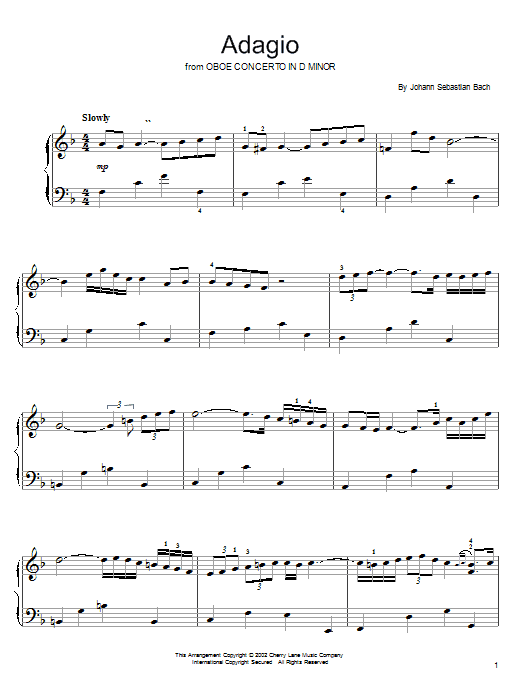 Download Johann Sebastian Bach Oboe Concerto In D Minor (Adagio) Sheet Music