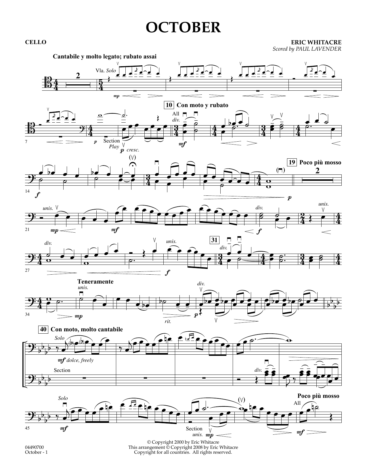 Download Eric Whitacre October - Cello (arr. Paul Lavender) Sheet Music