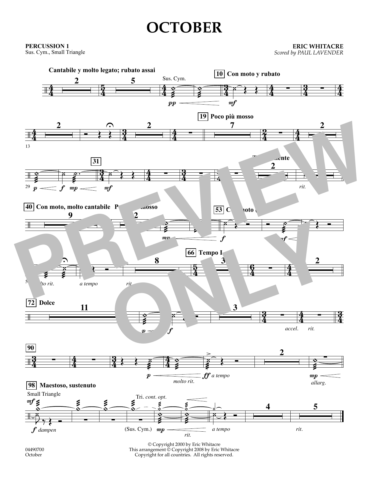 Download Eric Whitacre October - Percussion 1 (arr. Paul Laven Sheet Music