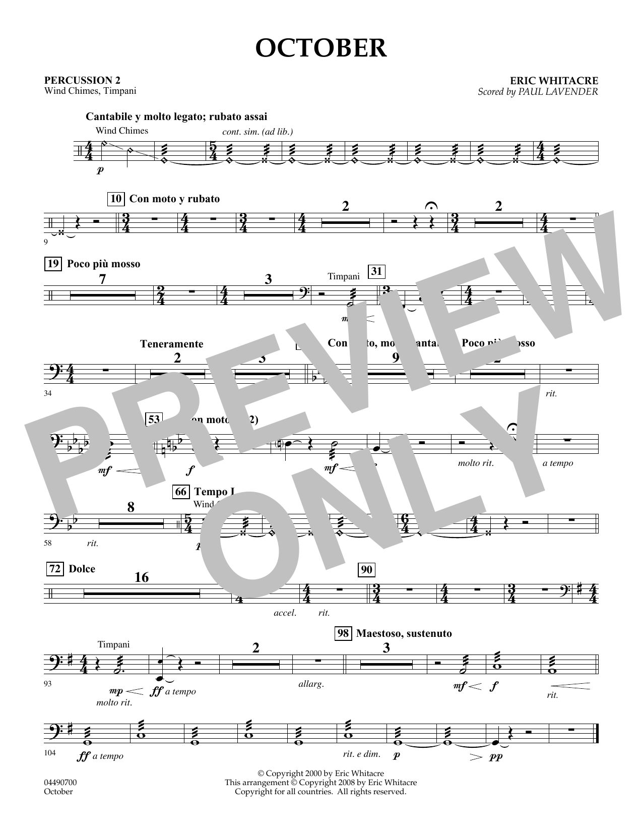 Download Eric Whitacre October - Percussion 2 (arr. Paul Laven Sheet Music