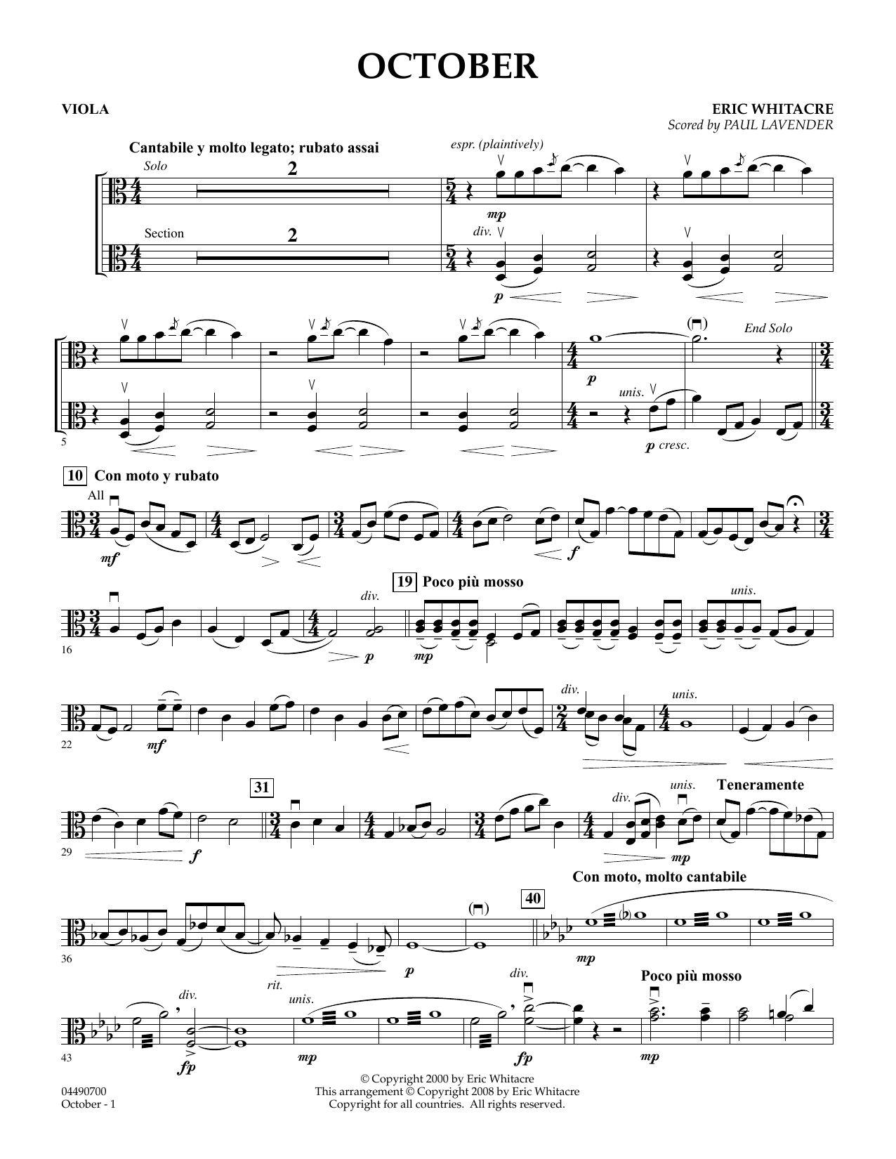 Download Eric Whitacre October - Viola (arr. Paul Lavender) Sheet Music