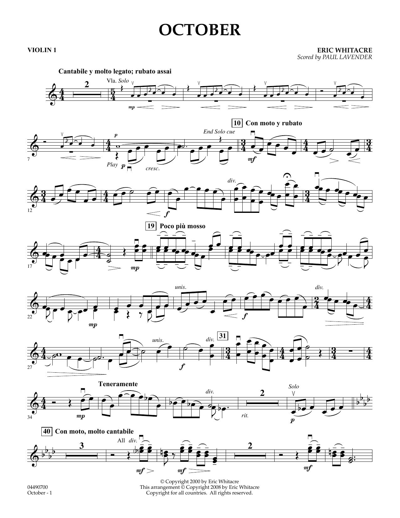 Download Eric Whitacre October - Violin 1 (arr. Paul Lavender) Sheet Music