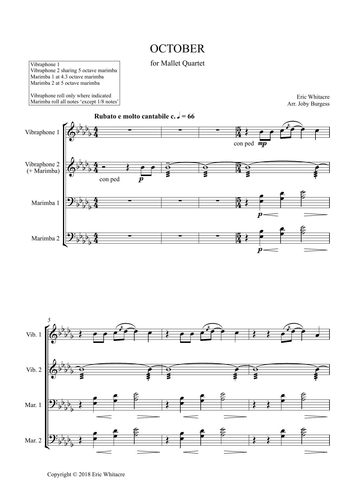 Download Eric Whitacre October (Alleluia) for Mallet Quartet ( Sheet Music