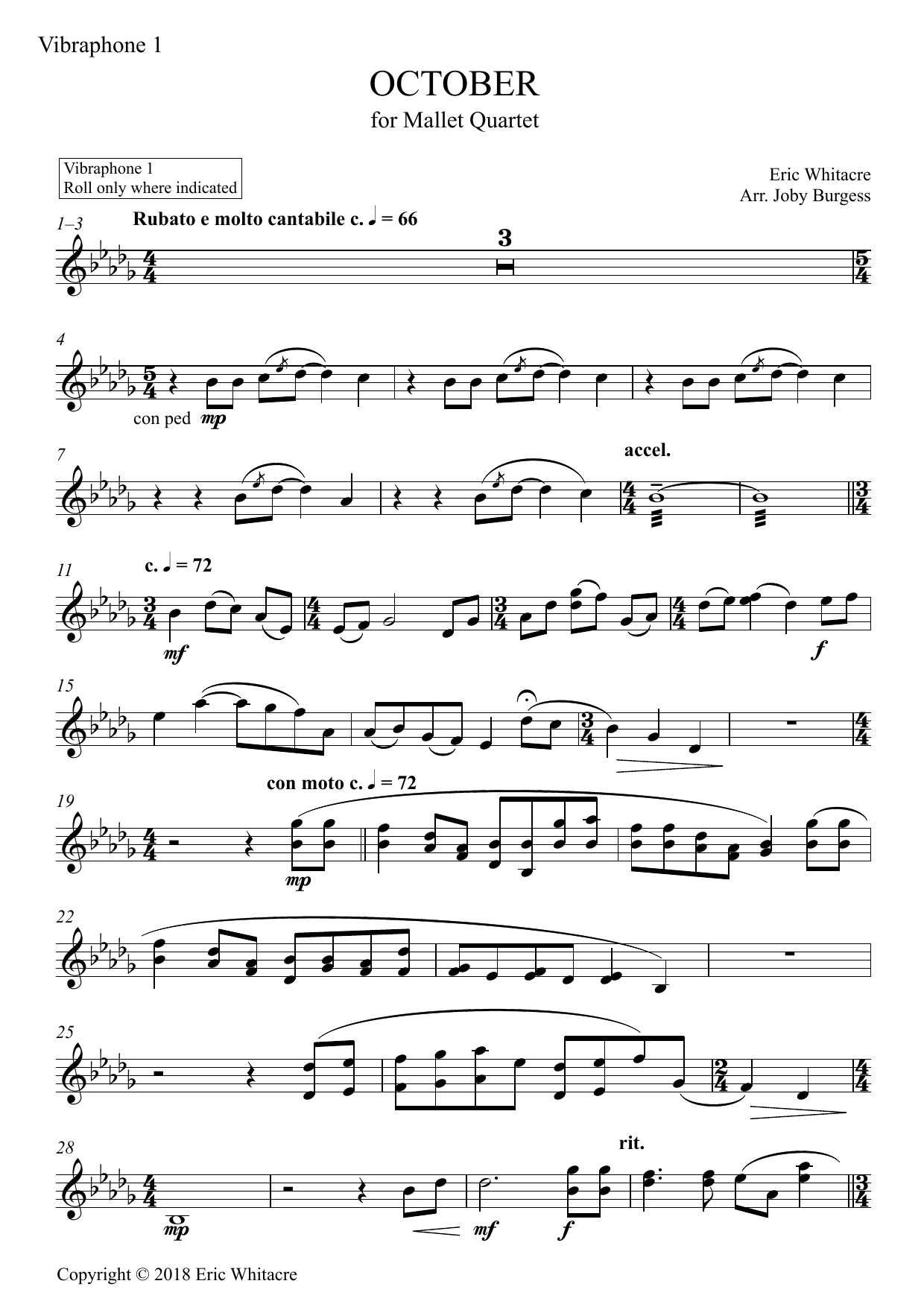 Download Eric Whitacre October (Alleluia) for Mallet Quartet ( Sheet Music