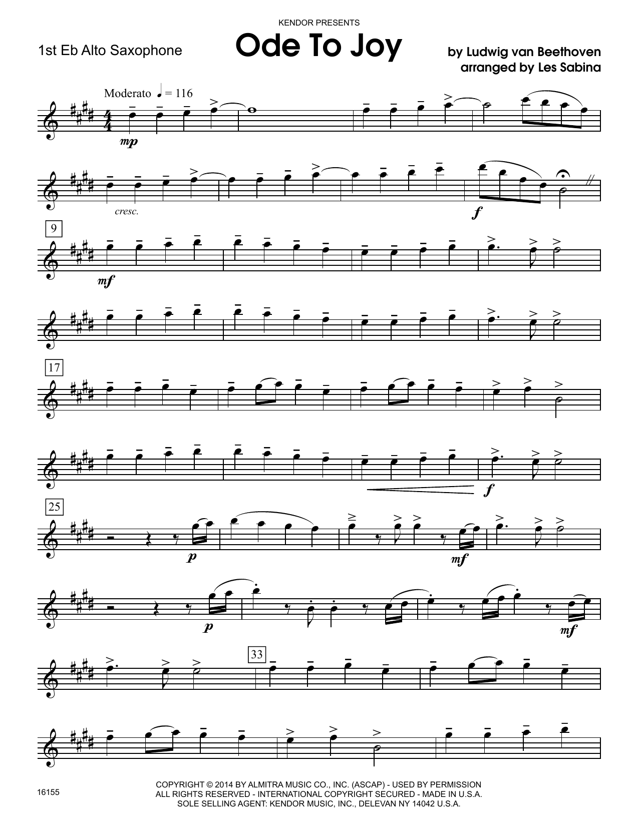 Download Les Sabina Ode To Joy - 1st Eb Alto Saxophone Sheet Music