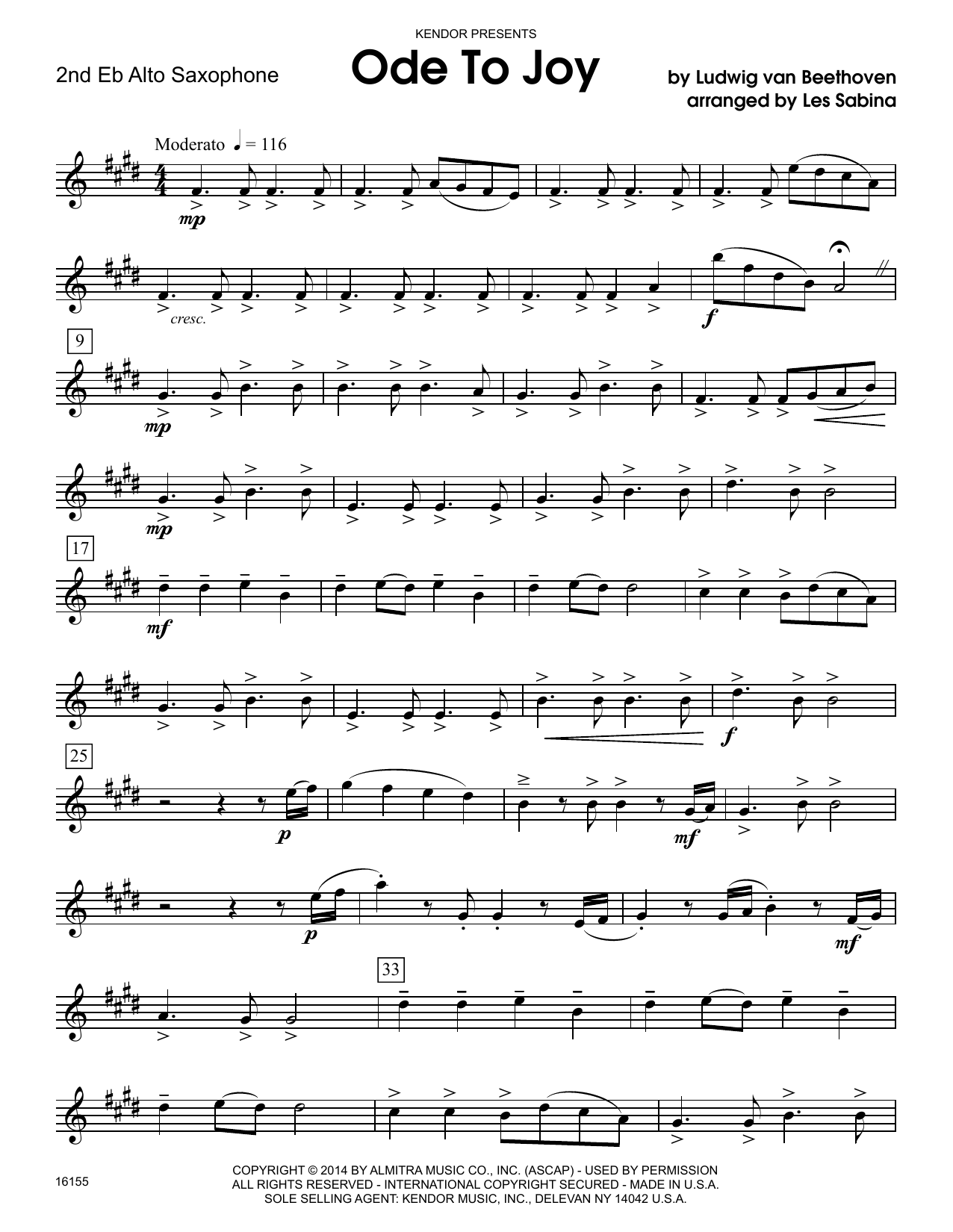 Download Les Sabina Ode To Joy - 2nd Eb Alto Saxophone Sheet Music